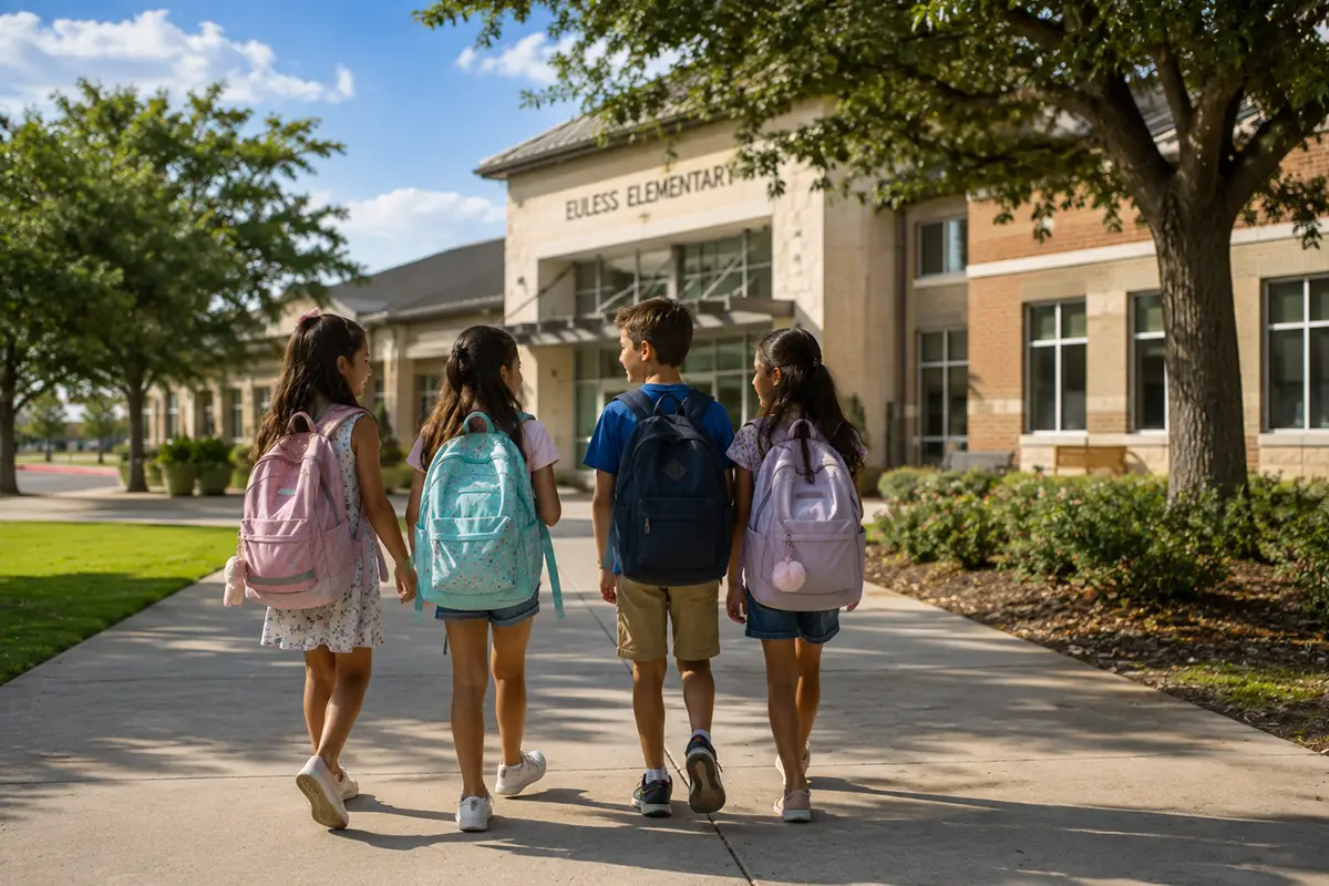 Children walking together outside a school building
