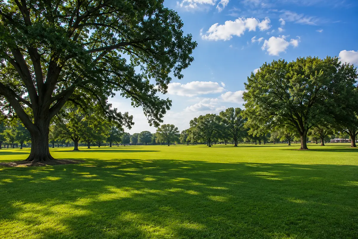 Open green field with mature trees