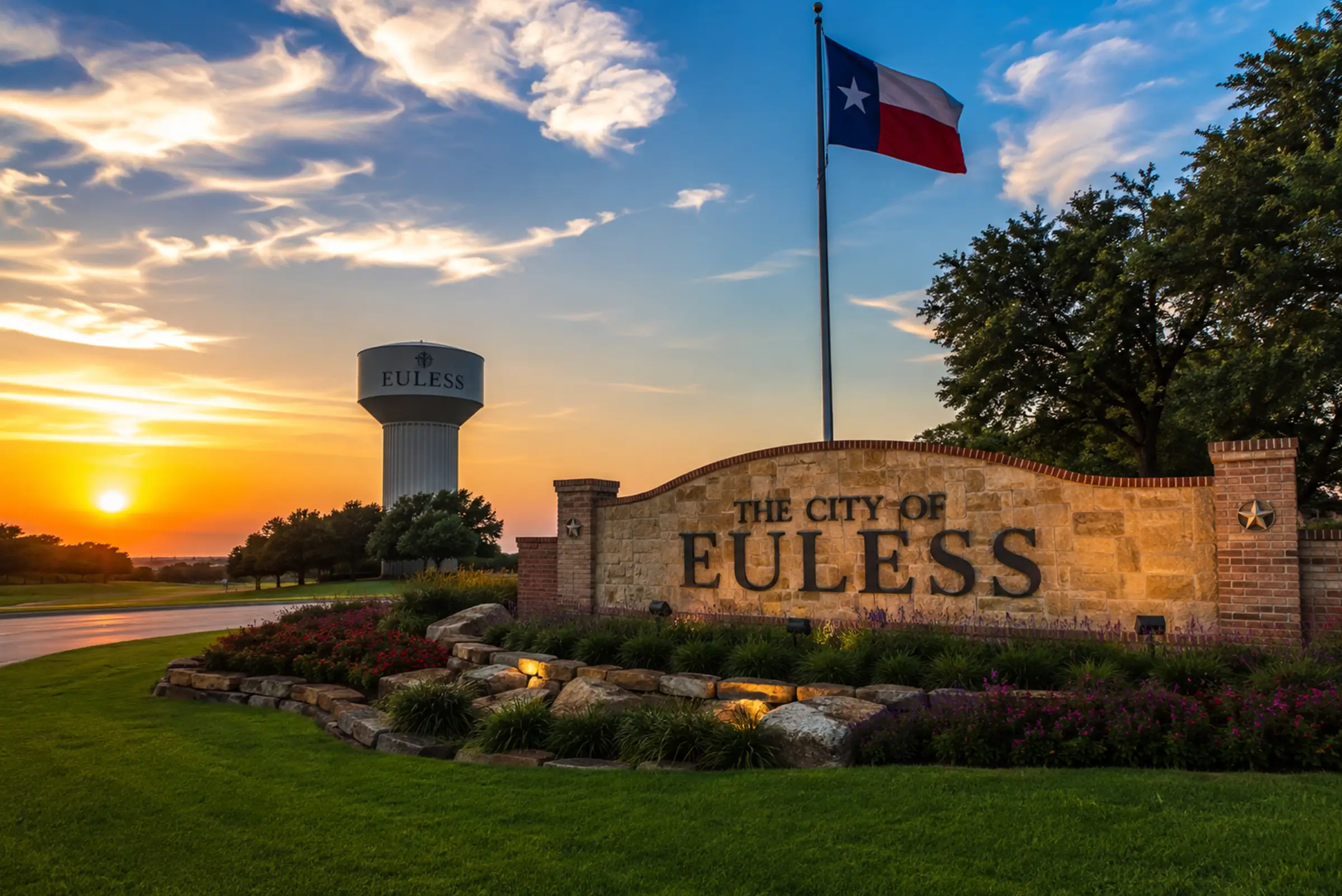A quiet, tree-lined path beside still water at golden hour in Euless, Texas